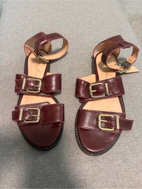 Luiza Barcelos Burgundy Leather Flat Sandals Gold Buckle Women’s US 8.5 BR 37